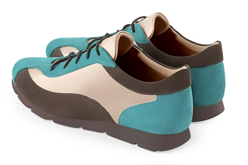 Aquamarine blue, gold and chocolate brown women's three-tone elegant sneakers. Round toe. Flat rubber soles. Rear view - Florence KOOIJMAN